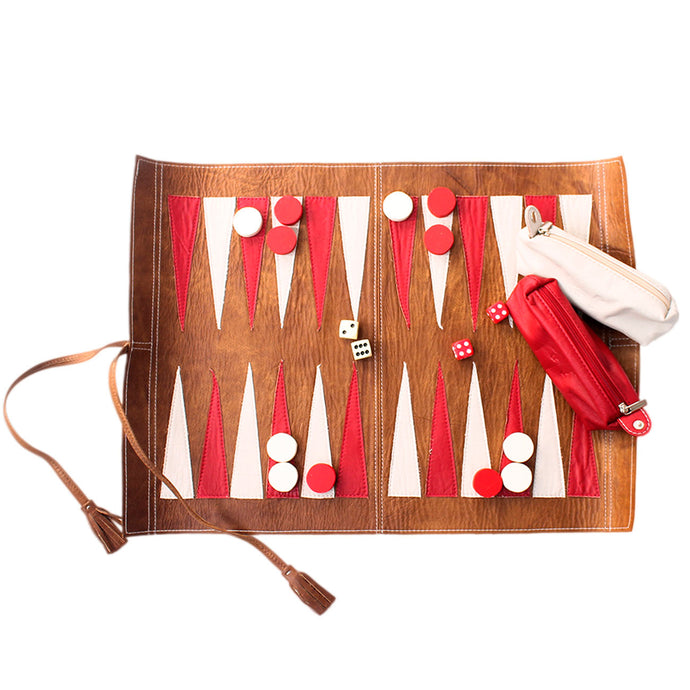 Backgammon cuero café rojo y marfil