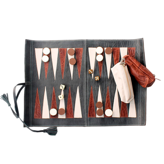 Backgammon cuero negro café y marfil