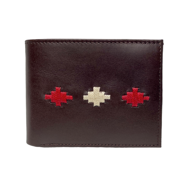 Billetera hombre pampa cuero café tejido rojo beige