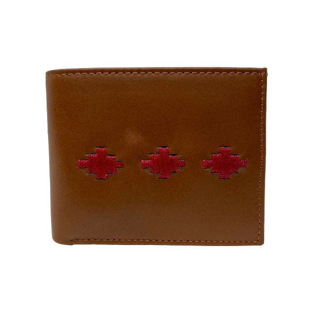 Billetera hombre pampa cuero Miel tejido con rojo